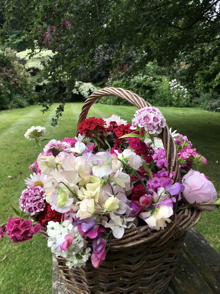 Basket filled with colourful flowers.